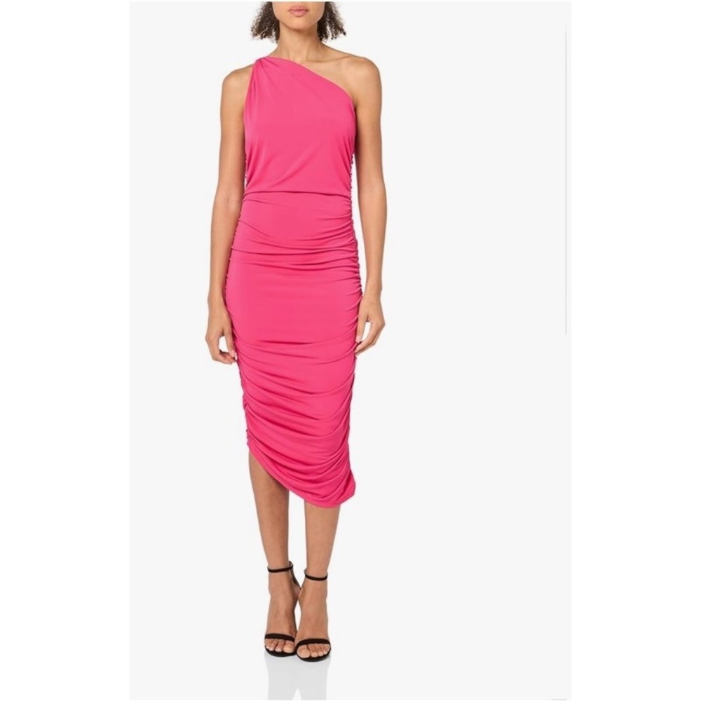 BCBG New York Women Sleeveless One Shoulder Ruched Stretch Dress, Bright Pink